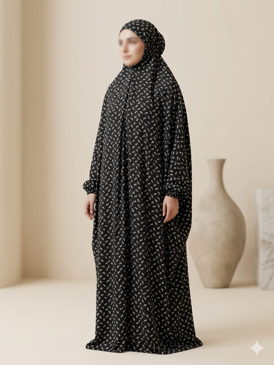 Bahar Leaf Print Prayer Abaya – Black