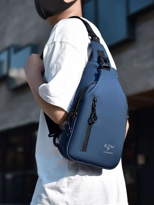 Men's navy blue sling crossbody bag with dual zipper pockets and black adjustable strap