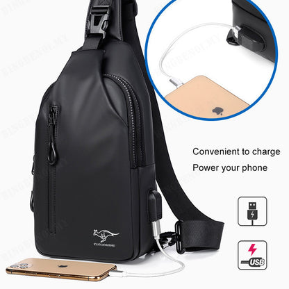 Men's Black Sling Chest Bag — Multi-Pocket Crossbody Pack with Headphone Port