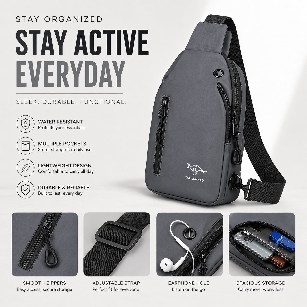 Men's GRAY Sling Chest Bag — Multi-Pocket Crossbody Pack with Headphone Port