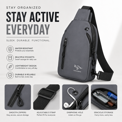 Men's GRAY Sling Chest Bag — Multi-Pocket Crossbody Pack with Headphone Port