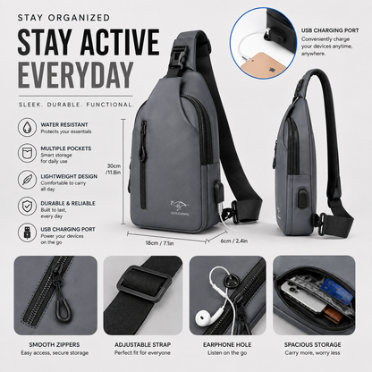 Men's GRAY Sling Chest Bag — Multi-Pocket Crossbody Pack with Headphone Port