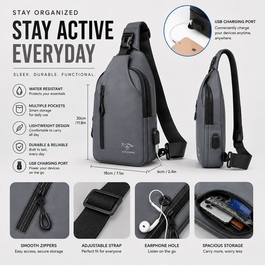 Men's GRAY Sling Chest Bag — Multi-Pocket Crossbody Pack with Headphone Port