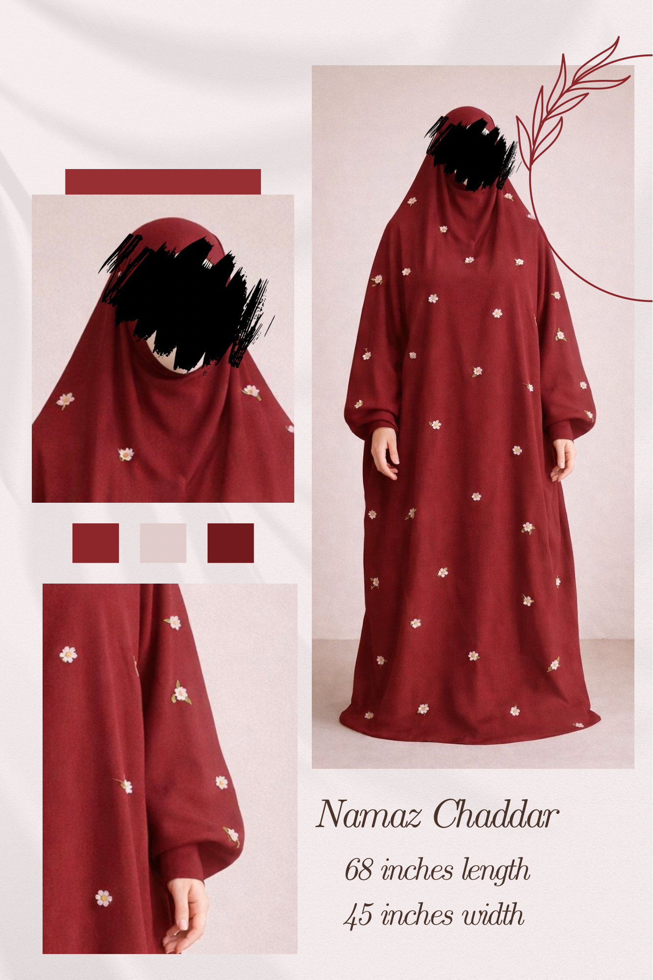Embroidered Namaz Chaddar - Mahroon D3