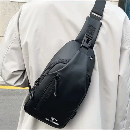 Men's Black Sling Chest Bag — Multi-Pocket Crossbody Pack with Headphone Port