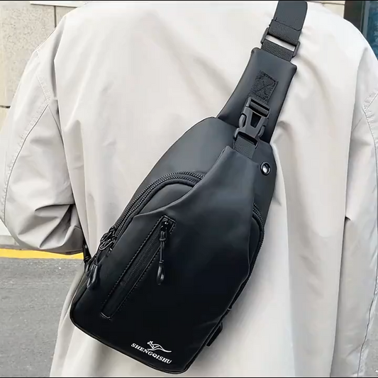Men's Black Sling Chest Bag — Multi-Pocket Crossbody Pack with Headphone Port