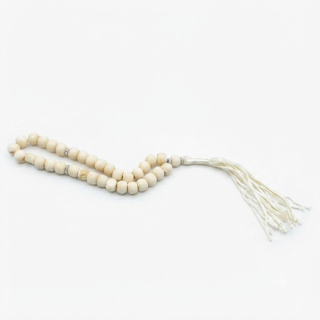 Ivory white wood tasbih prayer beads with silver spacers and white tassel