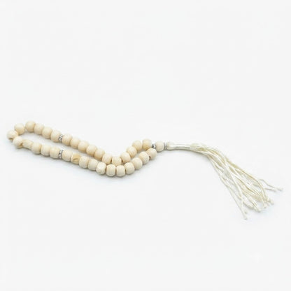 Ivory white wood tasbih prayer beads with silver spacers and white tassel