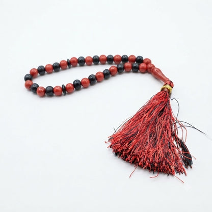 33-Bead Red & Black Two-Tone Wood Tasbih with Mixed Tassel