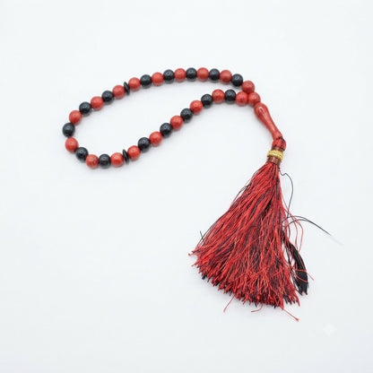 33-Bead Red & Black Two-Tone Wood Tasbih with Mixed Tassel