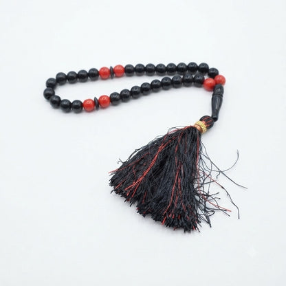 33-Bead Black Wood Tasbih with Red Accent Beads & Black Tassel