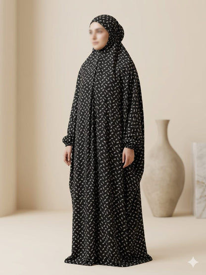Bahar Leaf Print Prayer Abaya – Black